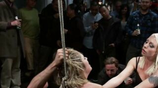 Blonde slave gangbang in public