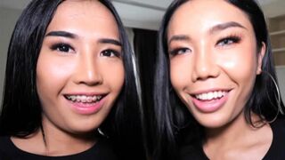 Two teen ladyboys Mos & Meme share a dick in a sexy 3some