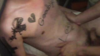 Tattoed gay sucks meat & moans while barebacking on top