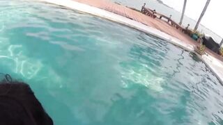 Hot girls get naked on the pool & guys start fucking them