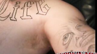 Tattooed homosexual man plays with his bushy cock & cums