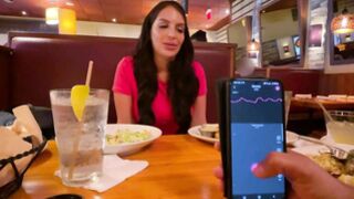 Cumming in Public with interactive toy at LUNCH! Public woman orgasm interactive toy