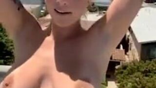 Big Tit Teen Almost Caught in Risky Rooftop Public Masturbation