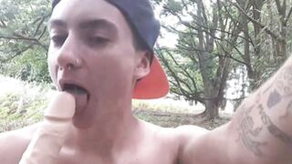 Young FTM prick rider shoves a dildo in his hole outdoors