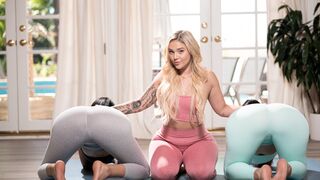 Stunning yoga instructor Kali seduces hot Carolina & Violet