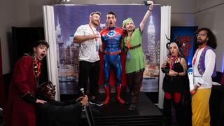 Scott sneaks into a back room with Channing, rips open his spandex, & fucks his hole till they both cum.