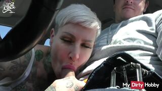 Inked Bitch Swallows Cum After A BJ In The Car - Free Porn Video